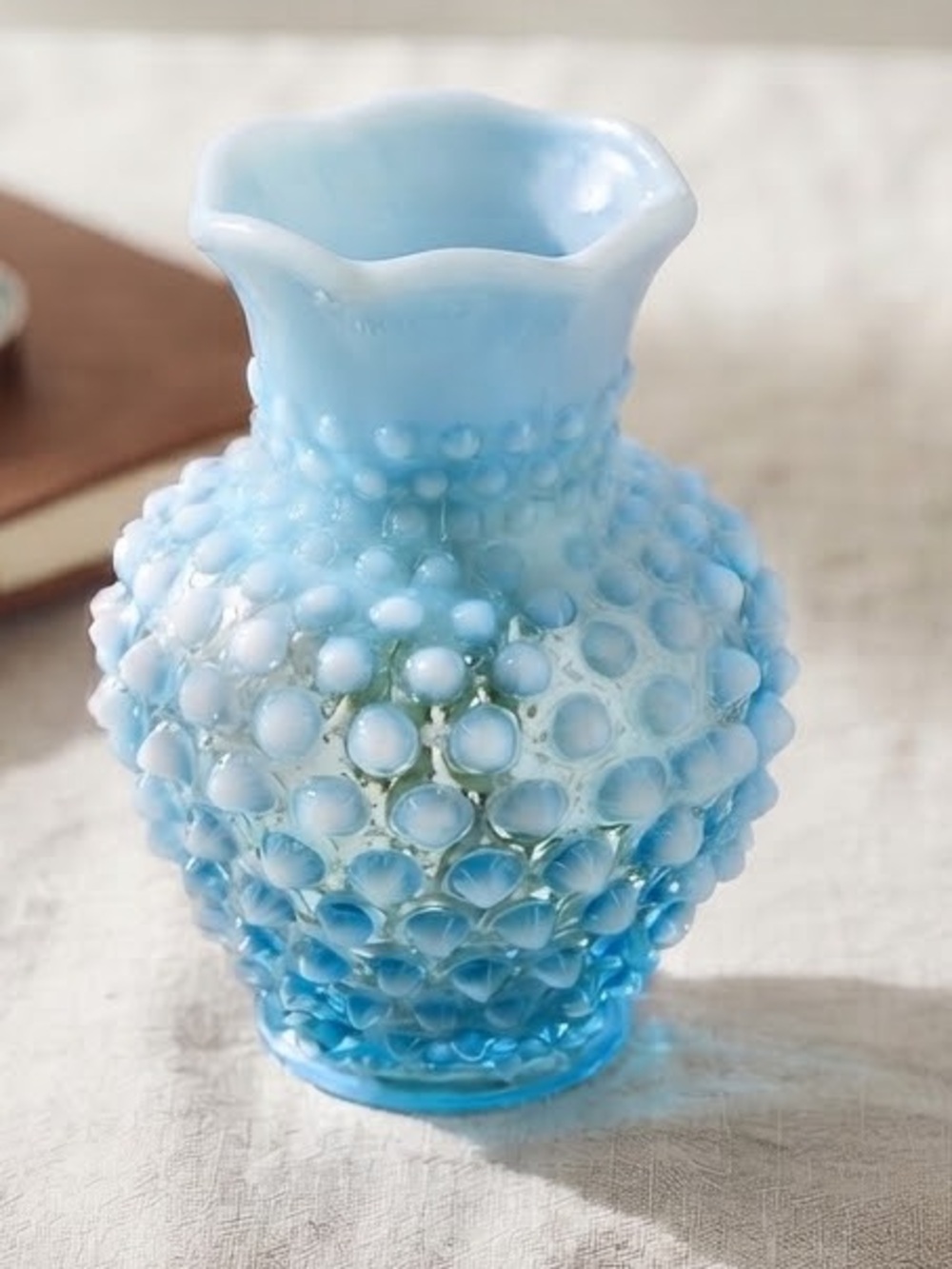 Vintage Blue Opalescent Ruffled Top Hobnail Art Glass Hand Blown Vase 5"